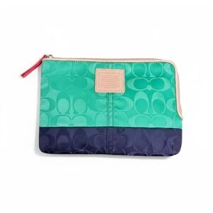 Coach Signature Nylon Colorblock Pouch Green Navy Blue Purple Clutch Bag
